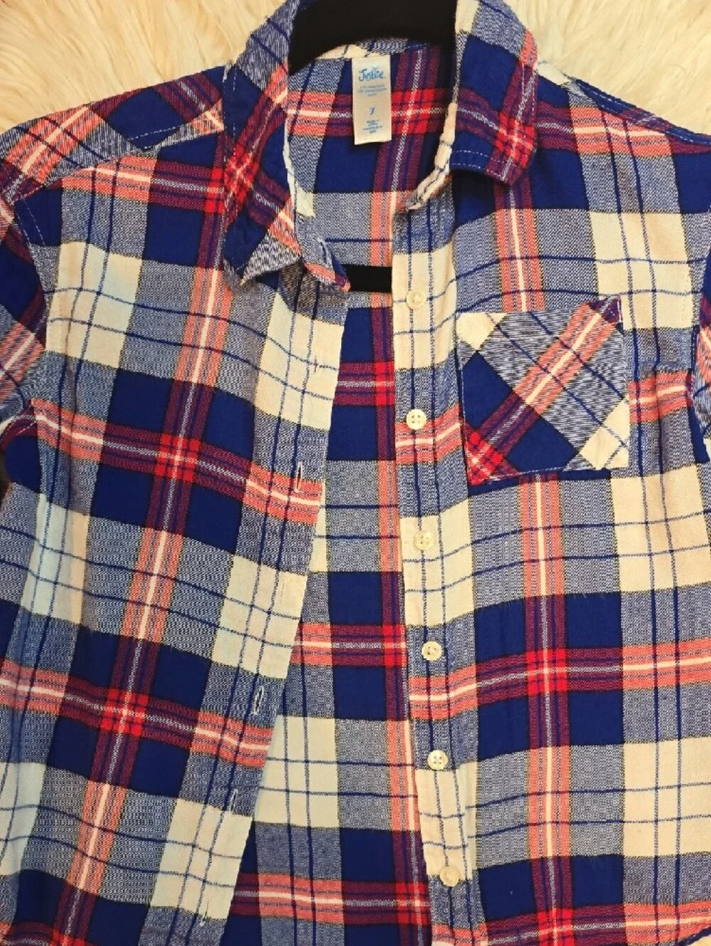 Justice Girls Blue White Red Plaid Button Down Flanel Shirt